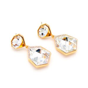 Wholesale geometric dangle earrings with large clear faceted Swarovski Elements crystals set in 18K gold plated metal from JuneJewelry.com.