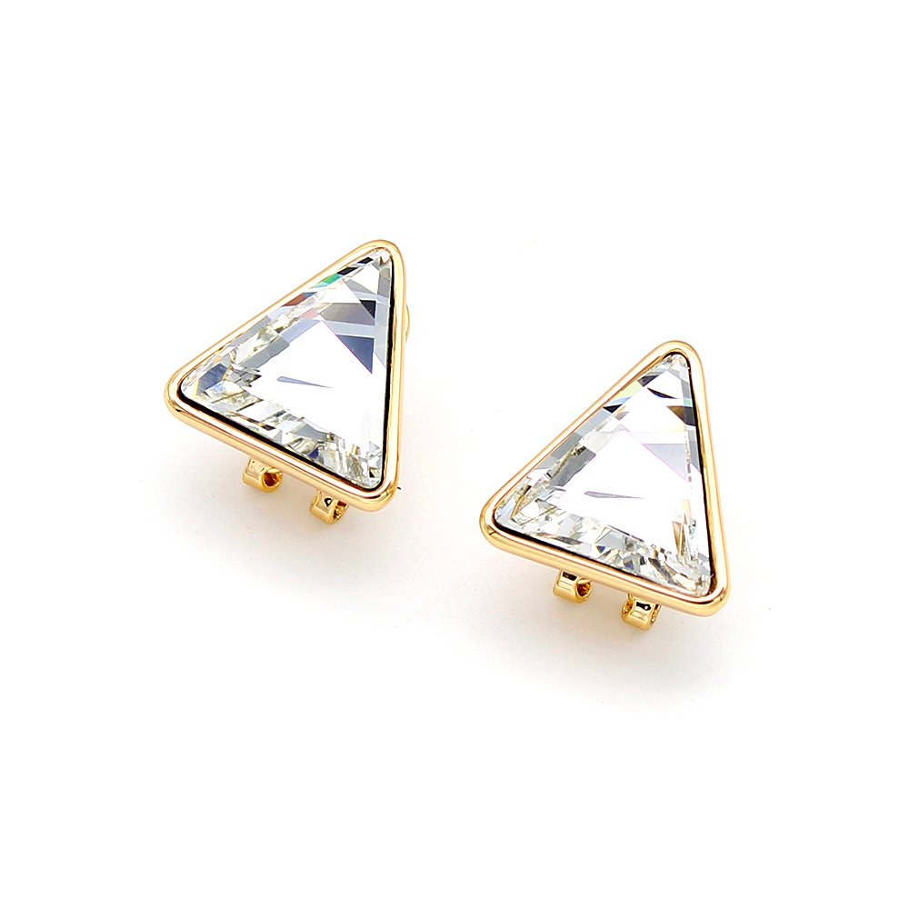 A007565E-001.148.A A pair of Swarovski Element stud earrings, showing a close-up of the single, glittering triangle-cut crystal set in a simple three or four-prong stud mounting.