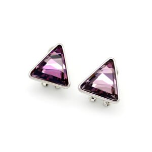 A pair of Swarovski Element stud earrings, showing a close-up of the single, glittering triangle-cut crystal set in a simple three or four-prong stud mounting.