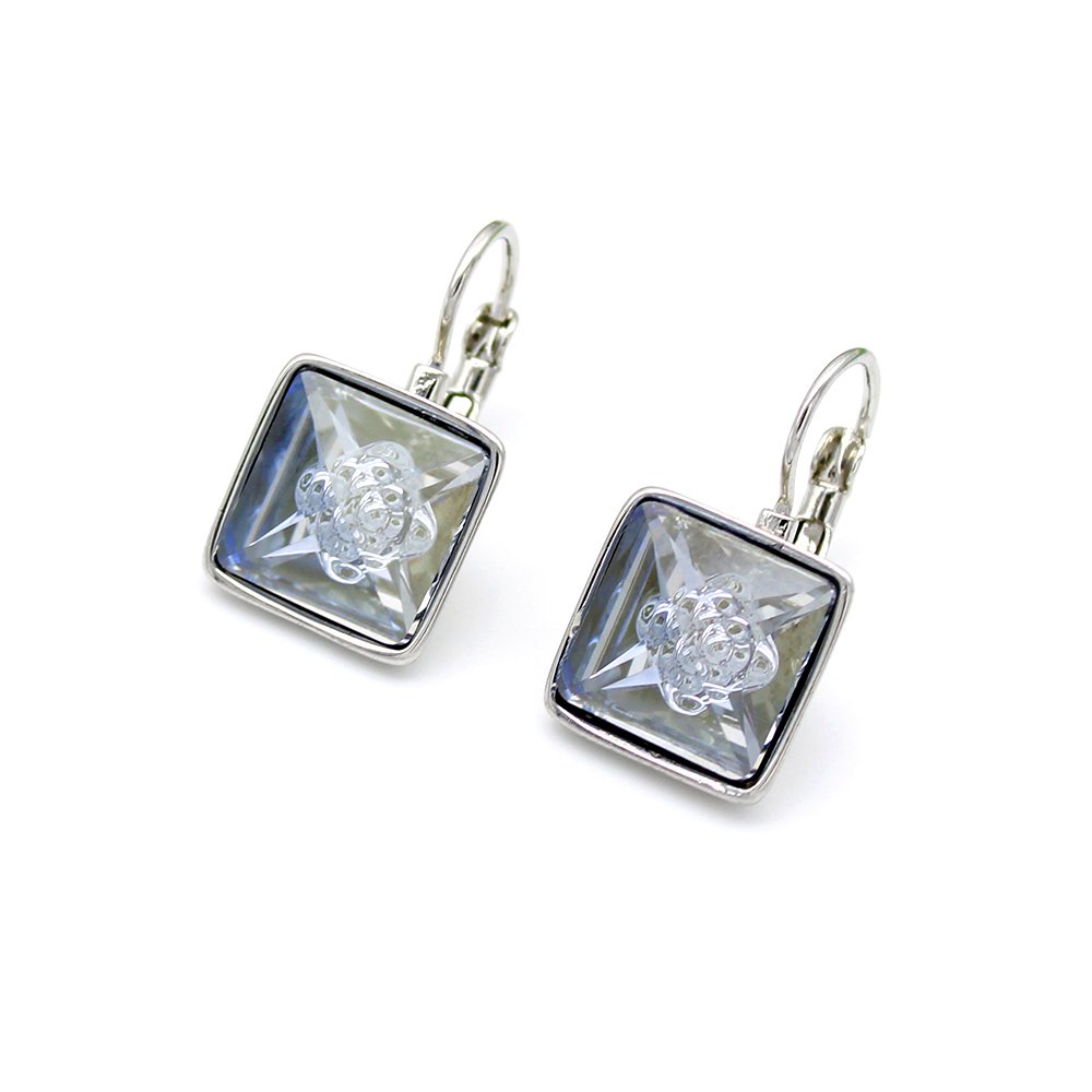 A008434E-001.98.A A pair of minimalist lever back earrings featuring sparkling, square-cut (princess cut) Swarovski Element crystals in a simple claw setting.