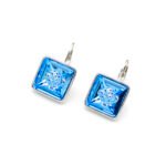 A pair of minimalist lever back earrings featuring sparkling, square-cut (princess cut) Swarovski Element crystals in a simple claw setting.