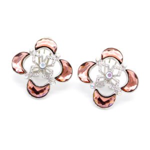Wholesale flower crystal earrings (clover design) with smoke gray/pink Swarovski Elements crystals set in 18K white gold plated metal from JuneJewelry.com.