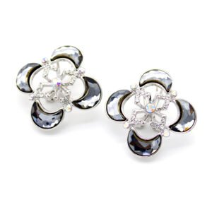 Wholesale flower crystal earrings (clover design) with smoke gray/pink Swarovski Elements crystals set in 18K white gold plated metal from JuneJewelry.com.