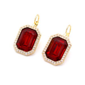 Professional shot of a pair of leverback earrings featuring a single, large octagon-cut Swarovski element crystal in a classic prong setting.