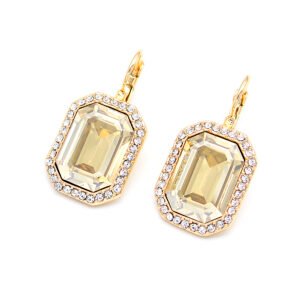 Professional shot of a pair of leverback earrings featuring a single, large octagon-cut Swarovski element crystal in a classic prong setting.