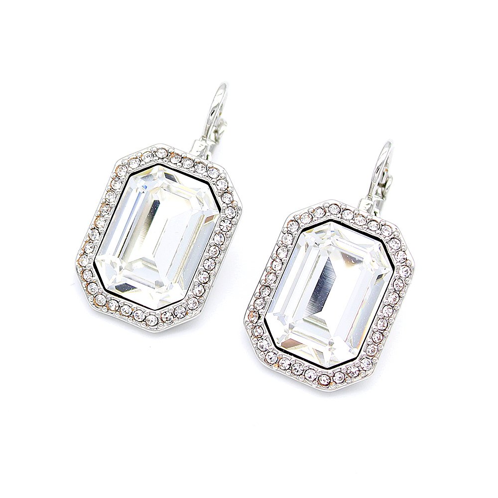 A011724E-004.168.A Professional shot of a pair of leverback earrings featuring a single, large octagon-cut Swarovski element crystal in a classic prong setting.