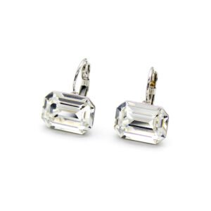 Detailed view of a single rectangular emerald-cut Swarovski element crystal earring in a four-prong setting with a classic leverback hook.