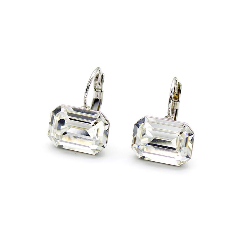 Detailed view of a single rectangular emerald-cut Swarovski element crystal earring in a four-prong setting with a classic leverback hook.