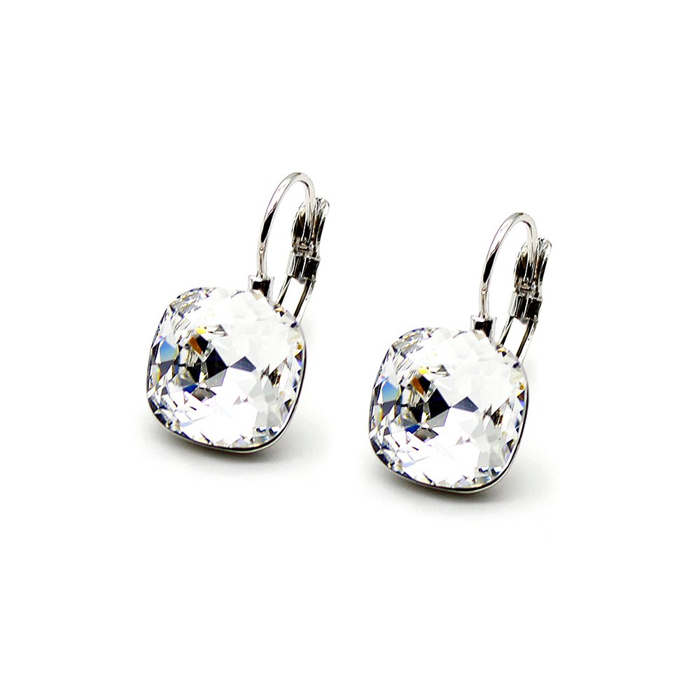 A100007E-01.108.A A close-up view of a pair of minimalist lever back earrings, each set with a single, brilliant square-cut (princess cut) Swarovski Element crystal.