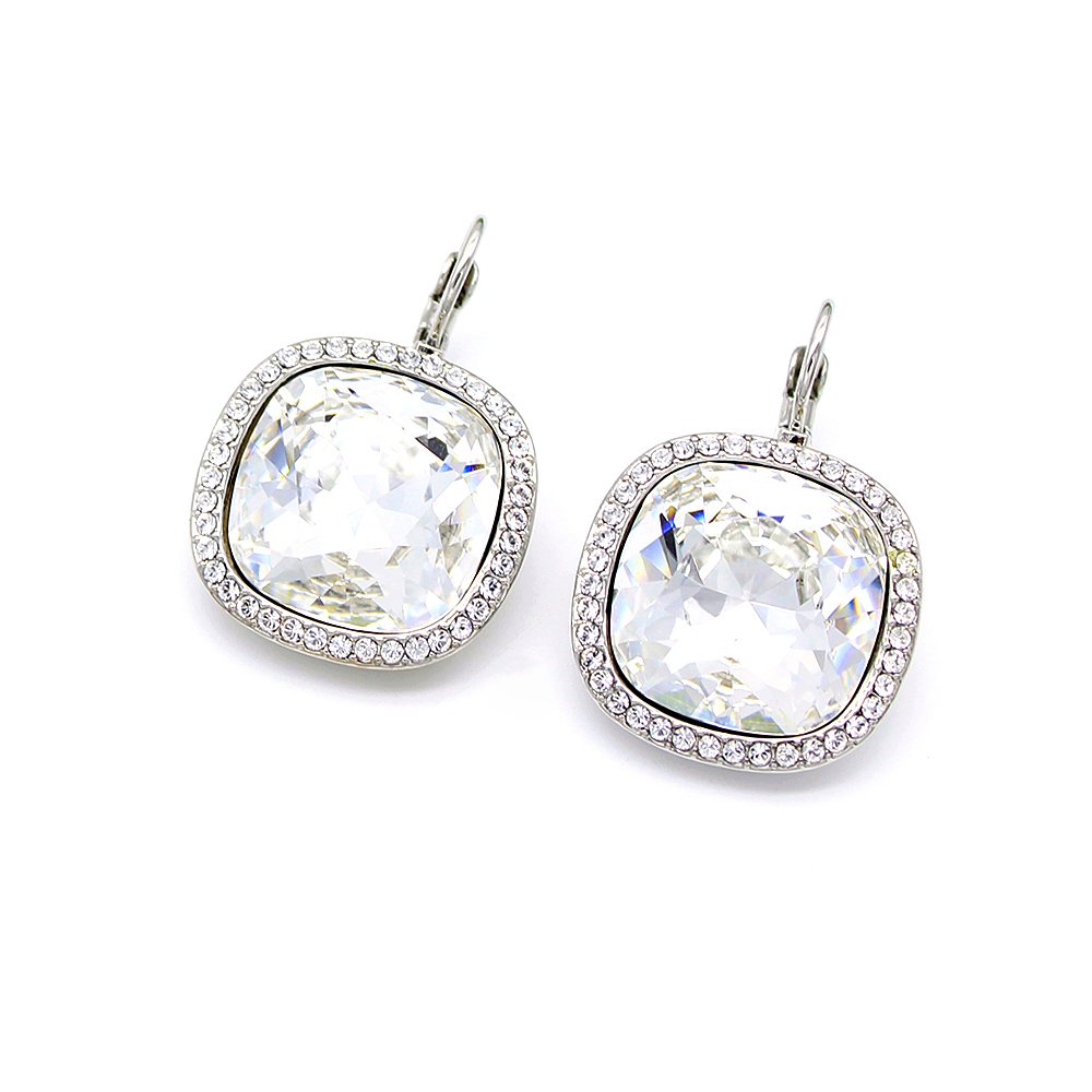 A500032E-001.238.A A close-up view of a pair of minimalist silver lever back earrings, each featuring a clear, brilliant square-cut Swarovski Element crystal in a four-prong setting.