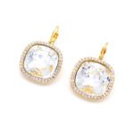 A close-up view of a pair of minimalist silver lever back earrings, each featuring a clear, brilliant square-cut Swarovski Element crystal in a four-prong setting.