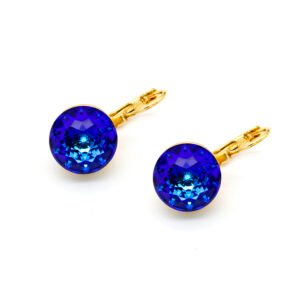 Wholesale sapphire blue Swarovski element round crystal earrings with leverback in real gold plated brass.