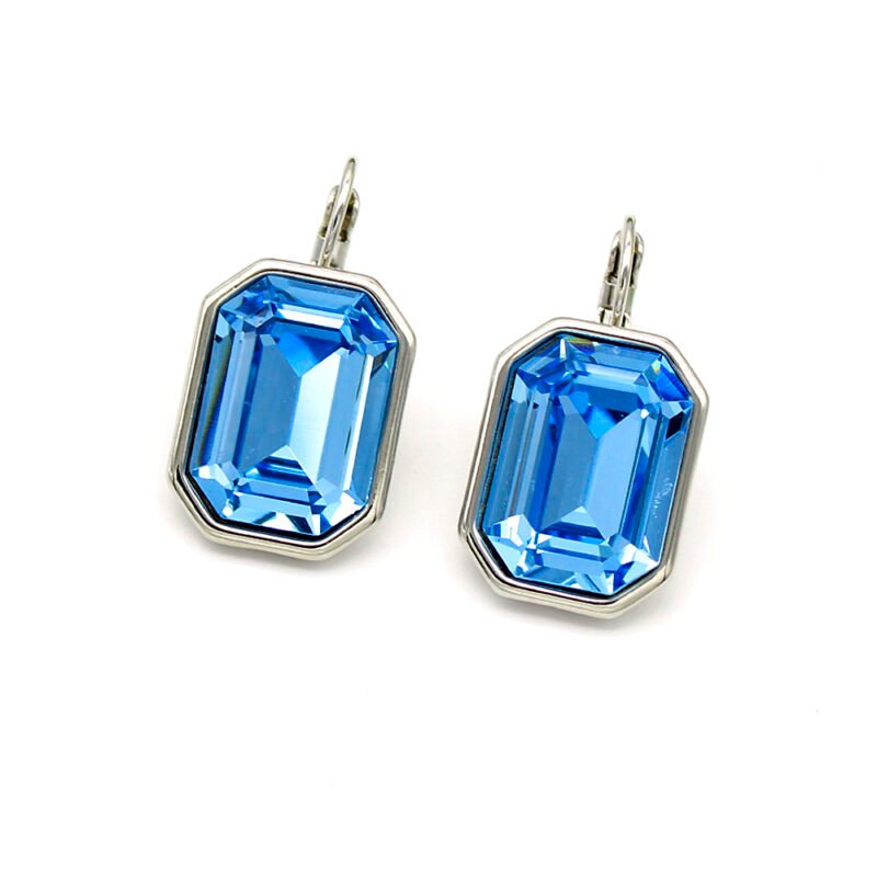 Front View: Swarovski Element Octagon Lever Back Earrings in Real Gold Plated Brass Model View: Simple Everyday Swarovski Element Octagon Lever Back Earrings for Wholesale Packaging View: Wholesale Jewelry Swarovski Element Octagon Crystal Earrings Factory Price