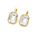 Front View: Swarovski Element Octagon Lever Back Earrings in Real Gold Plated Brass Model View: Simple Everyday Swarovski Element Octagon Lever Back Earrings for Wholesale Packaging View: Wholesale Jewelry Swarovski Element Octagon Crystal Earrings Factory Price