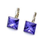 A pair of elegant leverback earrings featuring large square princess-cut Swarovski element crystals in a minimalist silver-tone claw setting.