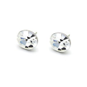 Wholesale simple white Swarovski element round crystal stud earrings in real gold plated brass for daily wear.