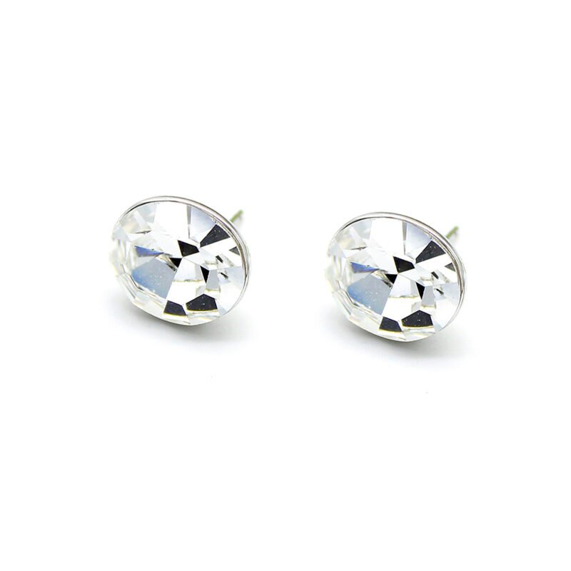 Wholesale simple white Swarovski element round crystal stud earrings in real gold plated brass for daily wear.