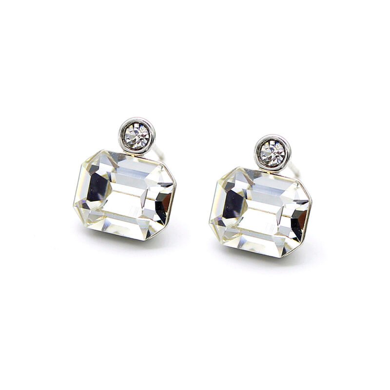 Main Product: Swarovski Element Octagon Stud Earrings Wholesale Factory Price Lifestyle Shot: Simple Everyday Swarovski Element Octagon Stud Earrings in Gold Close-up View: Unique Octagon Crystal Stud Earrings Real Gold Plated Brass