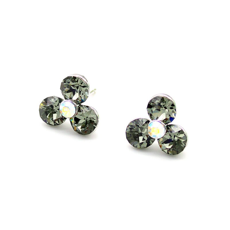 Wholesale geometric crystal stud earrings (round halo flower design) with clear Swarovski Elements crystals set in white gold plated metal from JuneJewelry.com.