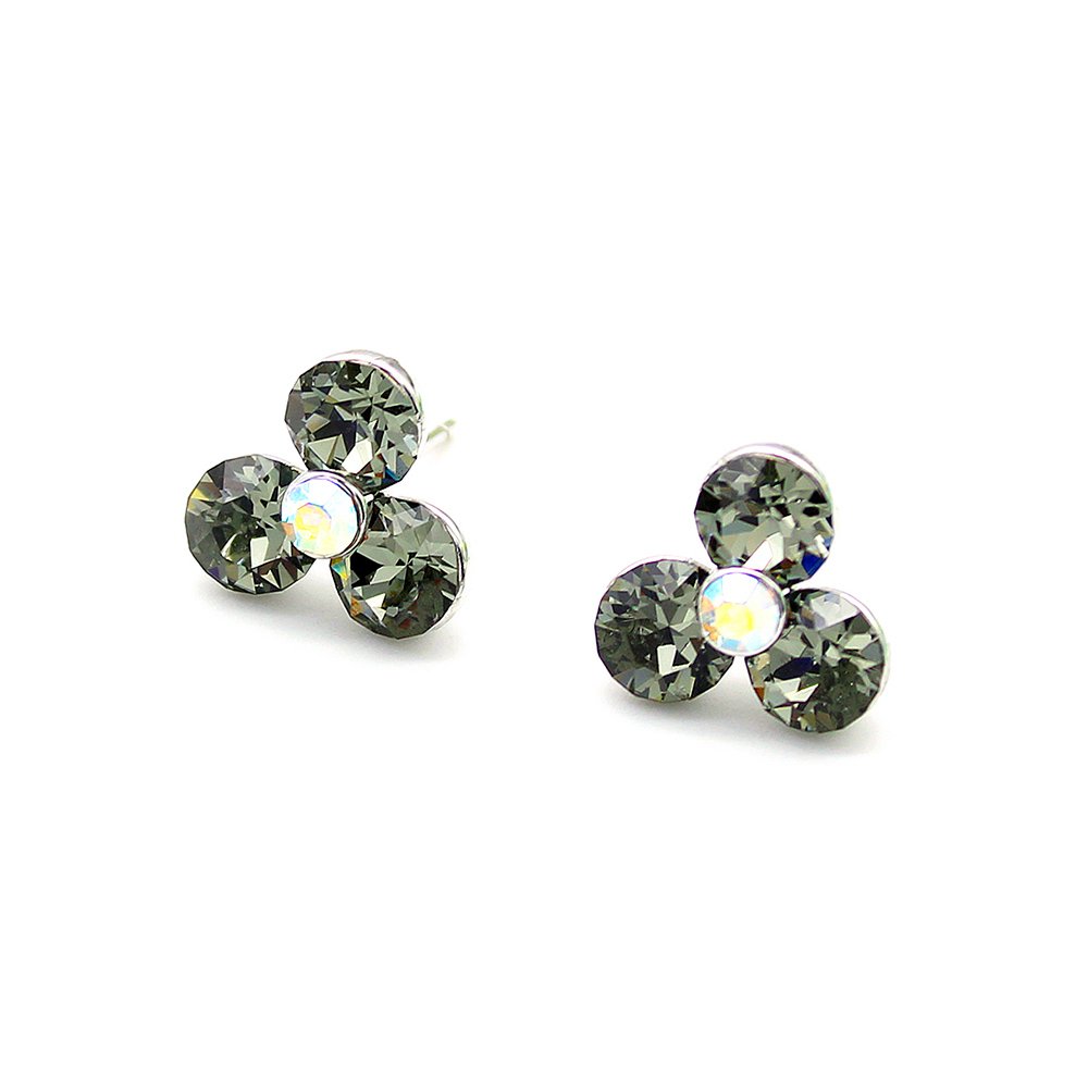 A500596E-001.68.A Wholesale geometric crystal stud earrings (round halo flower design) with clear Swarovski Elements crystals set in white gold plated metal from JuneJewelry.com.