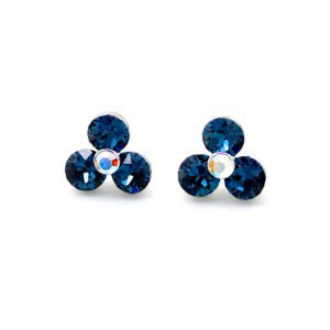 Wholesale geometric crystal stud earrings (round halo flower design) with clear Swarovski Elements crystals set in white gold plated metal from JuneJewelry.com.