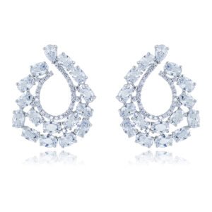 Wholesale open teardrop earrings with oval cubic zirconia on real gold plated brass and 925 silver pins from JuneJewelry.com.