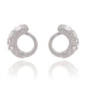 Wholesale pavé hoop earrings with micro-zircon and large crystals on gold plated copper from JuneJewelry.com – premium fashion jewelry for bulk buyers.