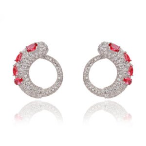Wholesale pavé hoop earrings with micro-zircon and large crystals on gold plated copper from JuneJewelry.com – premium fashion jewelry for bulk buyers.
