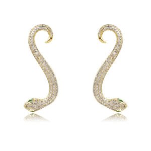 Wholesale snake earrings featuring white zircon pave and green eyes on real gold plated copper from JuneJewelry.com.