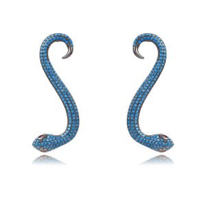 Wholesale snake earrings featuring white zircon pave and green eyes on real gold plated copper from JuneJewelry.com.