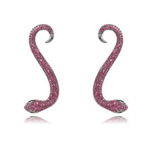 Wholesale snake earrings featuring white zircon pave and green eyes on real gold plated copper from JuneJewelry.com.