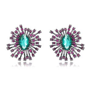 Wholesale turquoise burst earrings with emerald green zircon accents and 925 silver pins from JuneJewelry.com – celestial sunburst jewelry for bulk orders.