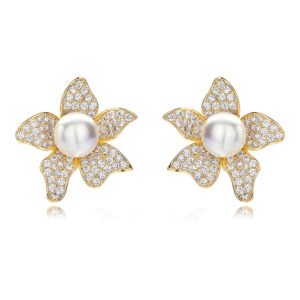 Wholesale pearl flower earrings with micro-pavé zircons and 925 silver needles on 14K gold plated brass from JuneJewelry.com – luxury floral jewelry for bulk orders.