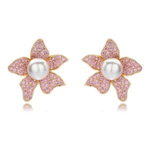 Wholesale pearl flower earrings with micro-pavé zircons and 925 silver needles on 14K gold plated brass from JuneJewelry.com – luxury floral jewelry for bulk orders.