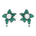 Wholesale pearl flower earrings with micro-pavé zircons and 925 silver needles on 14K gold plated brass from JuneJewelry.com – luxury floral jewelry for bulk orders.