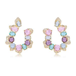 Wholesale pastel crystal earrings with multicolored oval zircon and 925 silver pins from JuneJewelry.com – luxury fashion jewelry for bulk orders.
