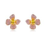 Wholesale flower zircon earrings with pink and yellow crystals on 18K gold plated brass from JuneJewelry.com – luxury floral jewelry for bulk purchase.
