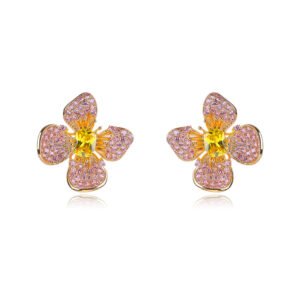 Wholesale flower zircon earrings with pink and yellow crystals on 18K gold plated brass from JuneJewelry.com – luxury floral jewelry for bulk purchase.