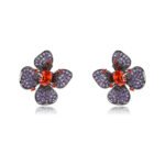 Wholesale flower zircon earrings with pink and yellow crystals on 18K gold plated brass from JuneJewelry.com – luxury floral jewelry for bulk purchase.