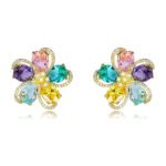 Wholesale colorful flower earrings with multi-colored zircons and 925 silver needles from JuneJewelry.com – unique floral fashion jewelry for bulk buyers.