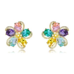 Wholesale colorful flower earrings with multi-colored zircons and 925 silver needles from JuneJewelry.com – unique floral fashion jewelry for bulk buyers.