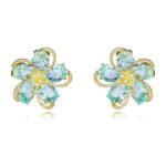 Wholesale colorful flower earrings with multi-colored zircons and 925 silver needles from JuneJewelry.com – unique floral fashion jewelry for bulk buyers.