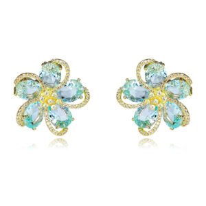Wholesale colorful flower earrings with multi-colored zircons and 925 silver needles from JuneJewelry.com – unique floral fashion jewelry for bulk buyers.