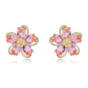 Wholesale colorful flower earrings with multi-colored zircons and 925 silver needles from JuneJewelry.com – unique floral fashion jewelry for bulk buyers.