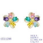 Wholesale colorful flower earrings with multi-colored zircons and 925 silver needles from JuneJewelry.com – unique floral fashion jewelry for bulk buyers.