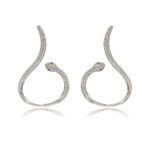 Wholesale serpent hoop earrings with white zircon pavé and green eyes on silver plated copper from JuneJewelry.com – trendy jewelry for bulk orders.
