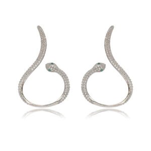 Wholesale serpent hoop earrings with white zircon pavé and green eyes on silver plated copper from JuneJewelry.com – trendy jewelry for bulk orders.