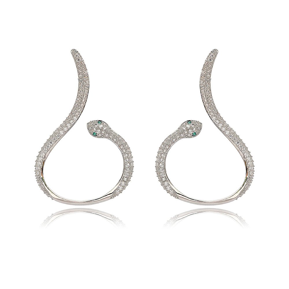 CE11351.149.A Wholesale serpent hoop earrings with white zircon pavé and green eyes on silver plated copper from JuneJewelry.com – trendy jewelry for bulk orders.