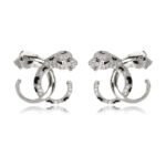 Wholesale leopard stud earrings with white zircon pave and green eyes on silver plated copper from JuneJewelry.com – unique animal jewelry.