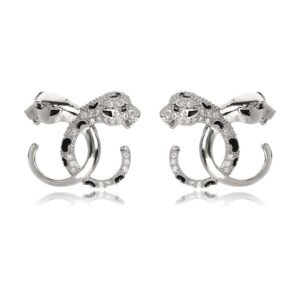 Wholesale leopard stud earrings with white zircon pave and green eyes on silver plated copper from JuneJewelry.com – unique animal jewelry.